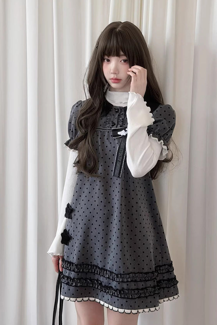 Grey Little Star Wish Doll Collar Short Sleeve Polka Dot Bow Classic Japanese Lolita Dress