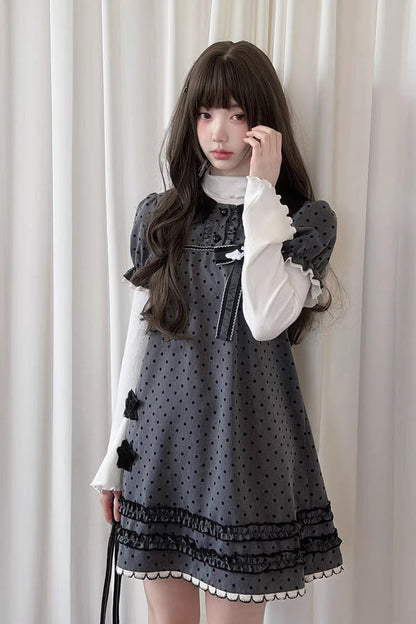 Grey Little Star Wish Doll Collar Short Sleeve Polka Dot Bow Classic Japanese Lolita Dress