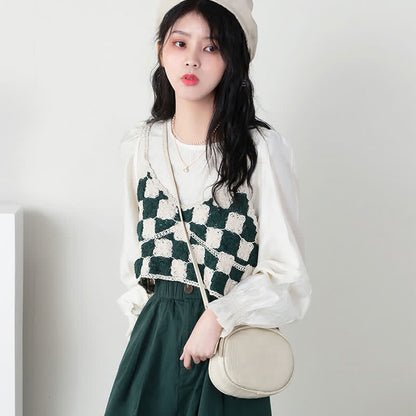 Skirt Set Plaid Chiffon Pleated Shirt Vest Green