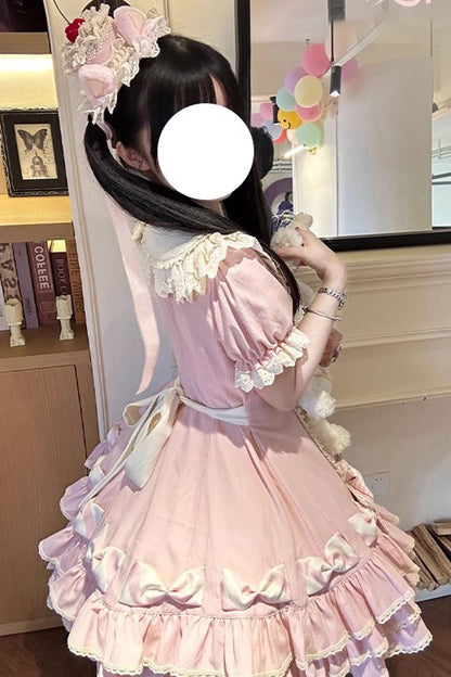 Rose Striped Layered Short Sleeves Multi Ruffle Bow Sweet Princess Lolita Tiered Dress
