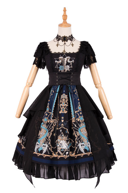 Black Gothic OP Dress Lolita Square Collar Lace Ruffled - Altfashion Shop