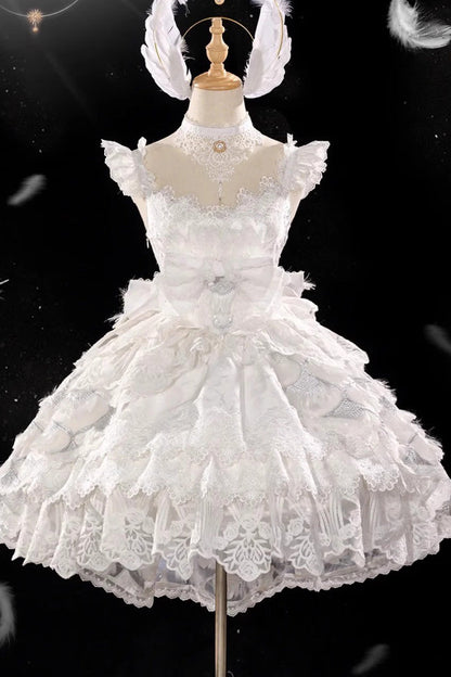 Ivory Peacock Feather Layered Ruffle Hanayome Cardigan Bow Lace Sweet Lolita Jsk Set