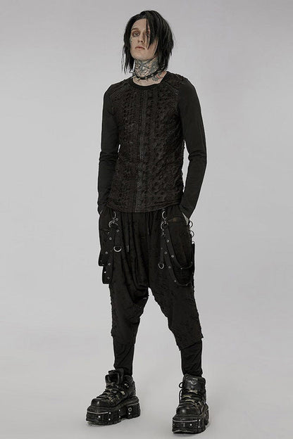 Gothic Printed Spliced Long Sleeve Tee with Textured Webbing