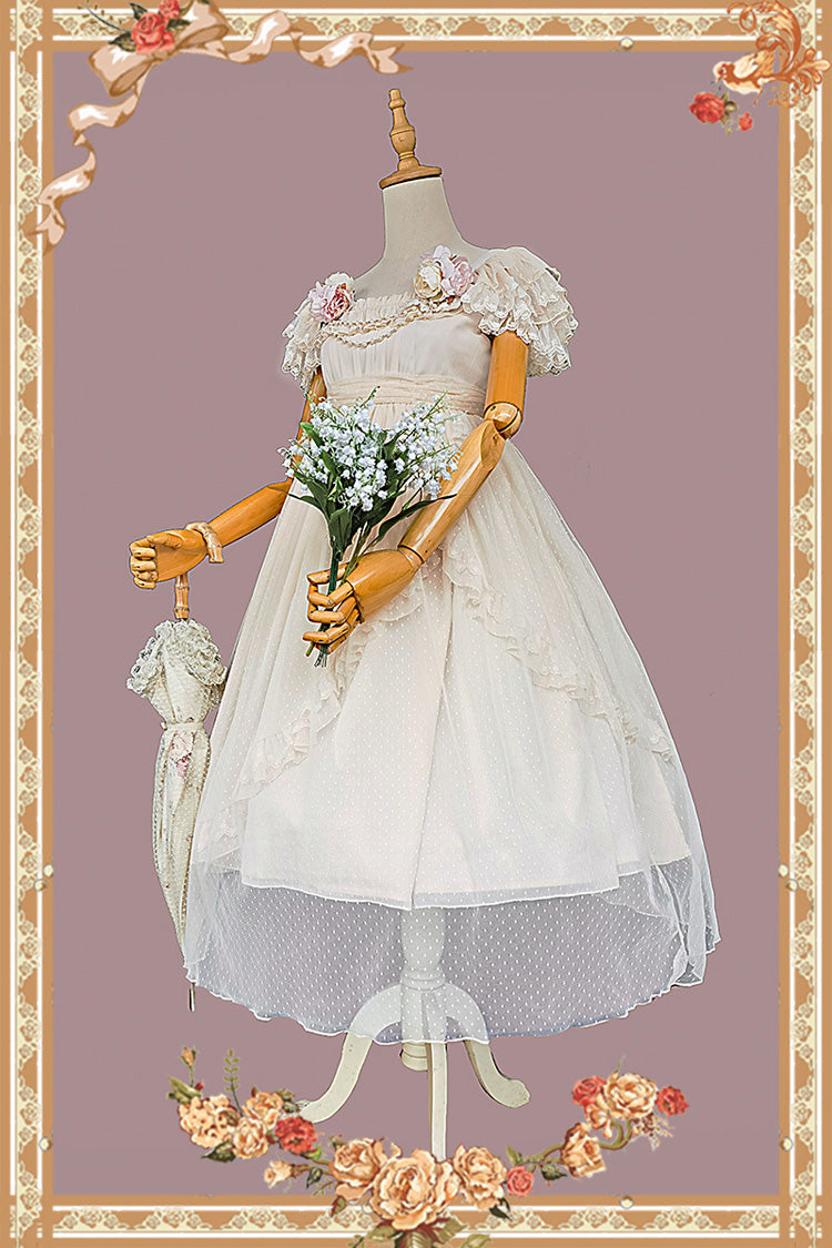 Apricot Polka Dot Asymmetric Ruffle Bow Lolita Dress - Moon goddess *Mediana*