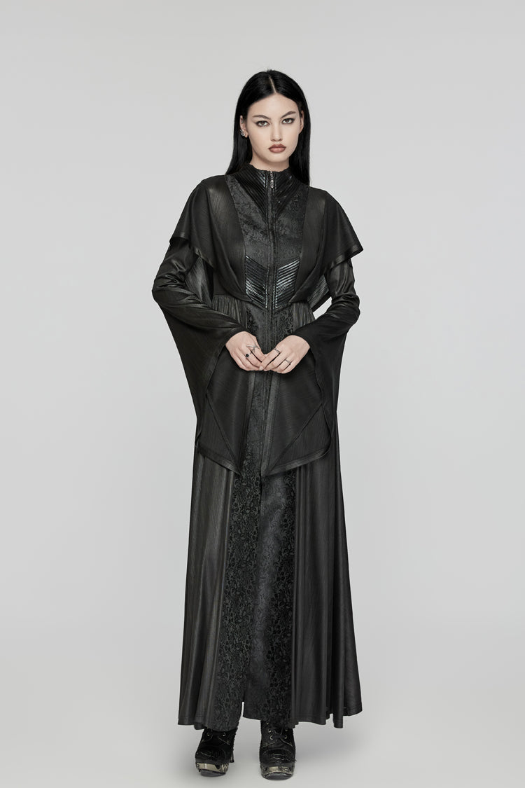 Hooded Dark Dress with Flared Sleeves - Women