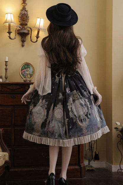 Cardigan with Lace Ruffles and Clock Butterfly Print Skirt Set