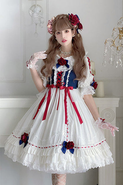 Blue OP Tiered Dress Sweet Lolita Round Collar Short Sleeves - Altfashion Shop