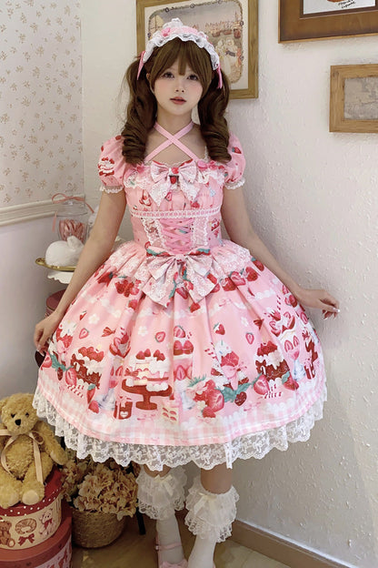 Pink Strawberry Parfait Print Short Sleeve Ruffle Bow Lace Lace-Up Sweet Lolita Dress