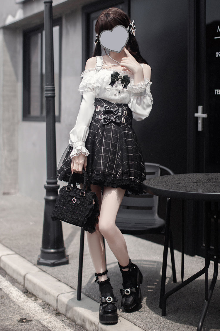 Black Plaid Bow Sweet Japanese Skirt
