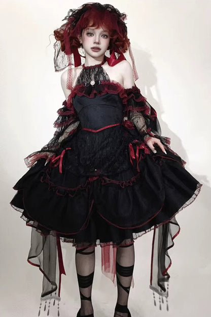 Layered Poem Halterneck Jacquard Lolita Dress with Bow - Noir
