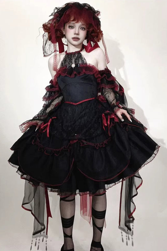 Layered Poem Halterneck Jacquard Lolita Dress with Bow - Noir