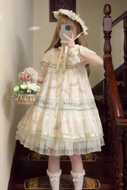 Multicolor Daisy Poetry Print Ruffle Lace Sweet Dress