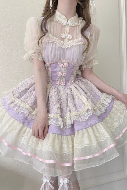 Flower Bud Halterneck Print Ruffle Lace Jsk - Chinese Ballet Lolita