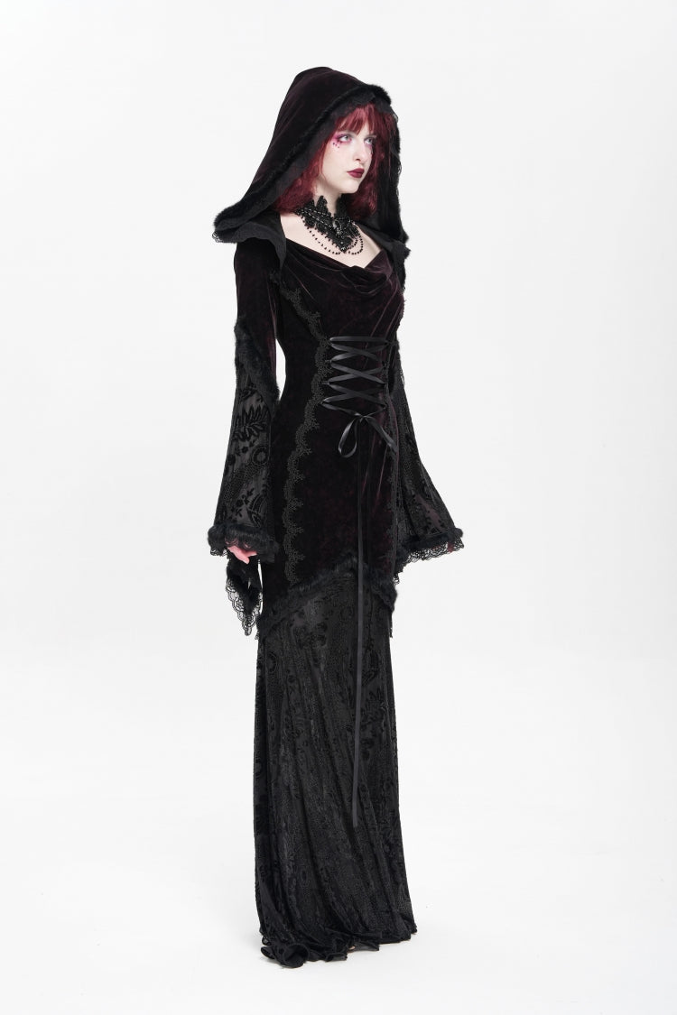 Trumpet Sleeve Embroidered Lace Hooded Mesh Gothic Dress