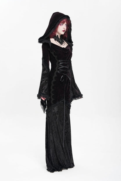 Trumpet Sleeve Embroidered Lace Hooded Mesh Gothic Dress