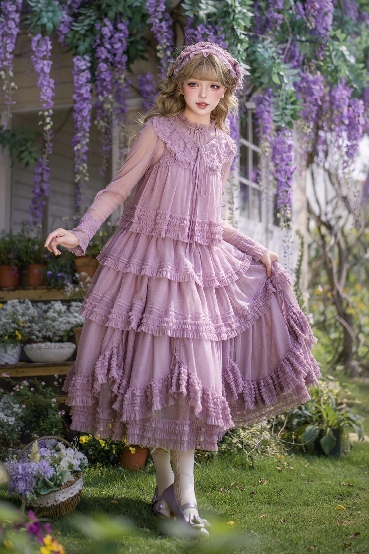 Sweet Stand Collar Long Sleeve Multi Layer Ruffle Color Block Lolita Tiered Dress 14 Colors