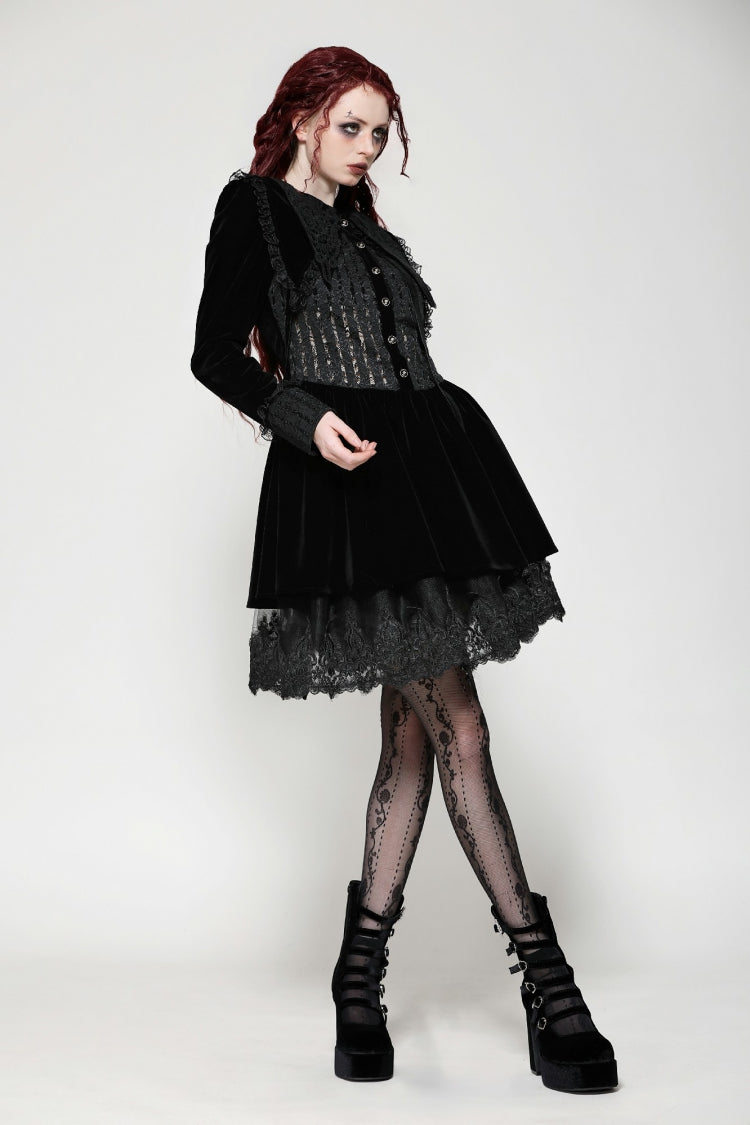 Obsidian Lace Velvet Mini Dress with Long Sleeves