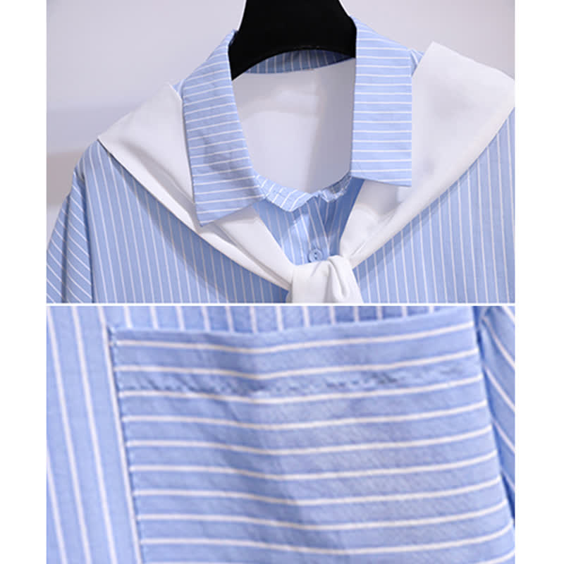 Chic Shorts Pocket Lapel T-Shirt Stripe Denim Ripped