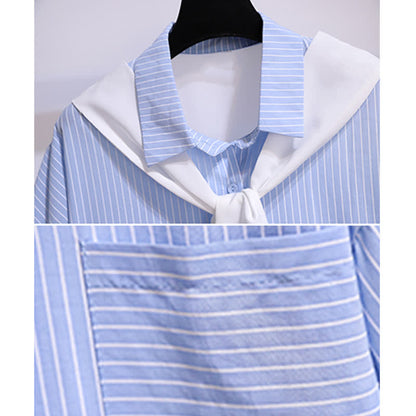 Chic Shorts Pocket Lapel T-Shirt Stripe Denim Ripped