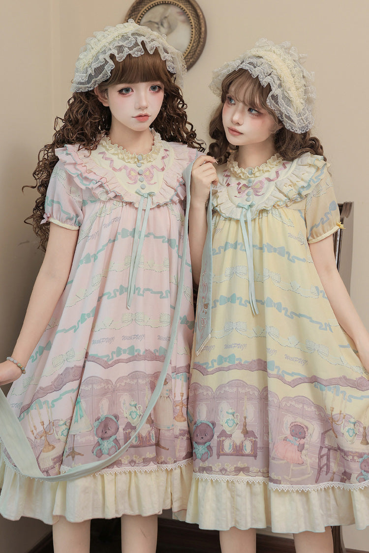 Sunny Short-Sleeve Bear Printed Ruffled Bow Dress Ensemble