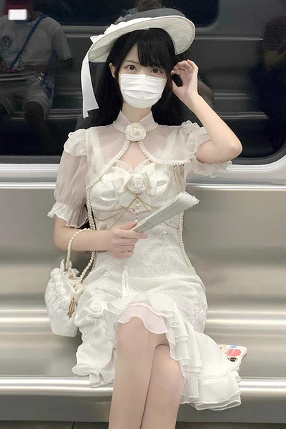Camellia Rose Asymmetric Ruffled Gothic Chinese Elegant Lolita JSK Dress in Three Colors