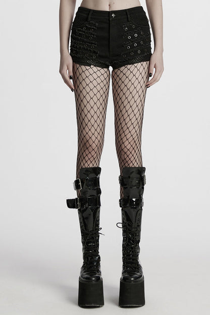 Distressed Punk Shorts with Mesh Panels
