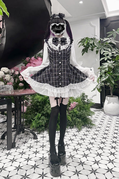 Lunar Eclipse Doll Plaid Printed Ruffled Bow Lace Sweet Jirai Kei Japanese Dress Shorts Set