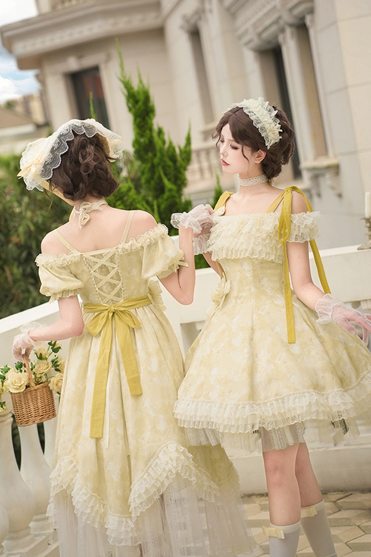 Golden Square-Collar Short-Sleeve Ruffled Lace Long Gown