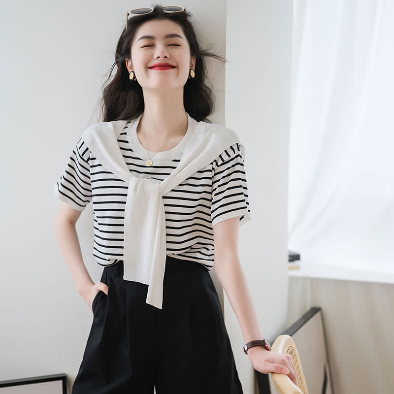 Chic Stripe Round Collar T-Shirt Denim Skirt