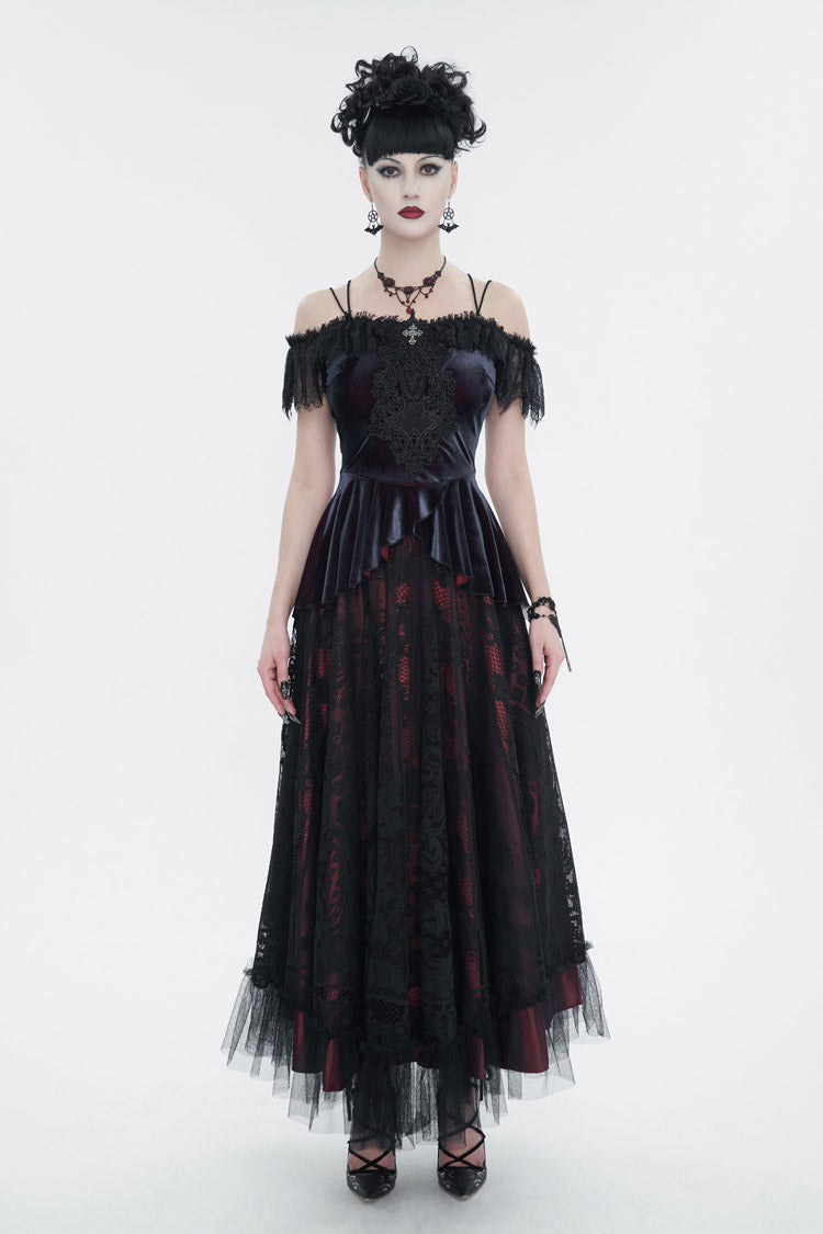 Crimson Stretch Velvet Eyelash Lace Short Sleeve One-Shoulder Goth Strap Tee