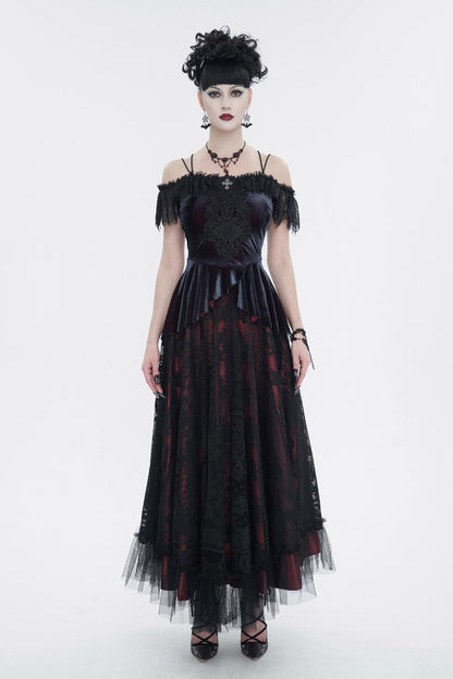 Crimson Stretch Velvet Eyelash Lace Short Sleeve One-Shoulder Goth Strap Tee