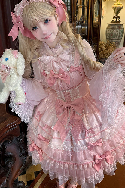 Pink Multi-Tier Ruffle Bow Lace Sweet Gorgeous Lolita Jumper - Little Lovetine