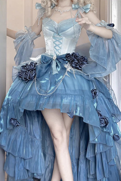 Sky Blue Sweet Ballet Lolita Swan Wonderland Embroidery Lace-Up Asymmetric JSK Dress