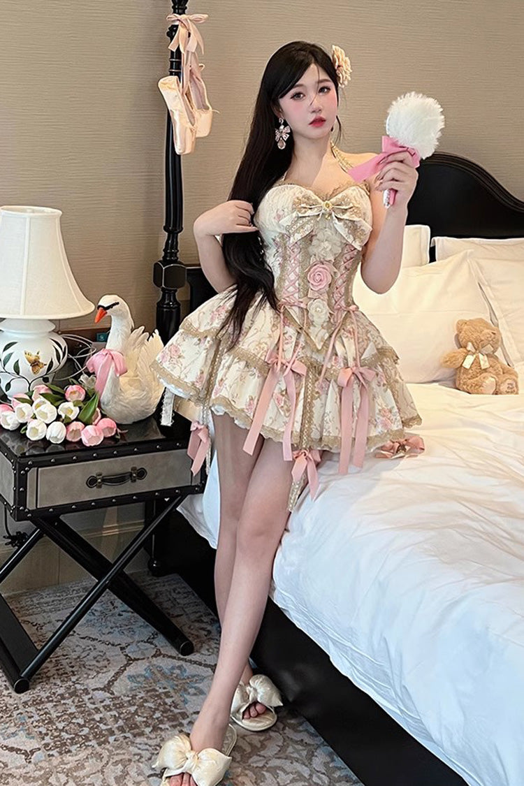 Halterneck Bowknot Skirt Set with Lace-Up