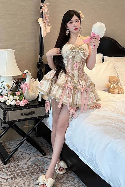 Halterneck Bowknot Skirt Set with Lace-Up
