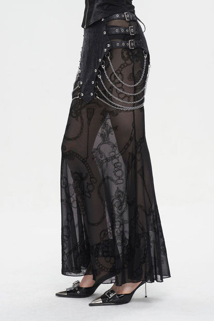 Gothic Fishtail Skirt with Sheer Panels and Chain Accents