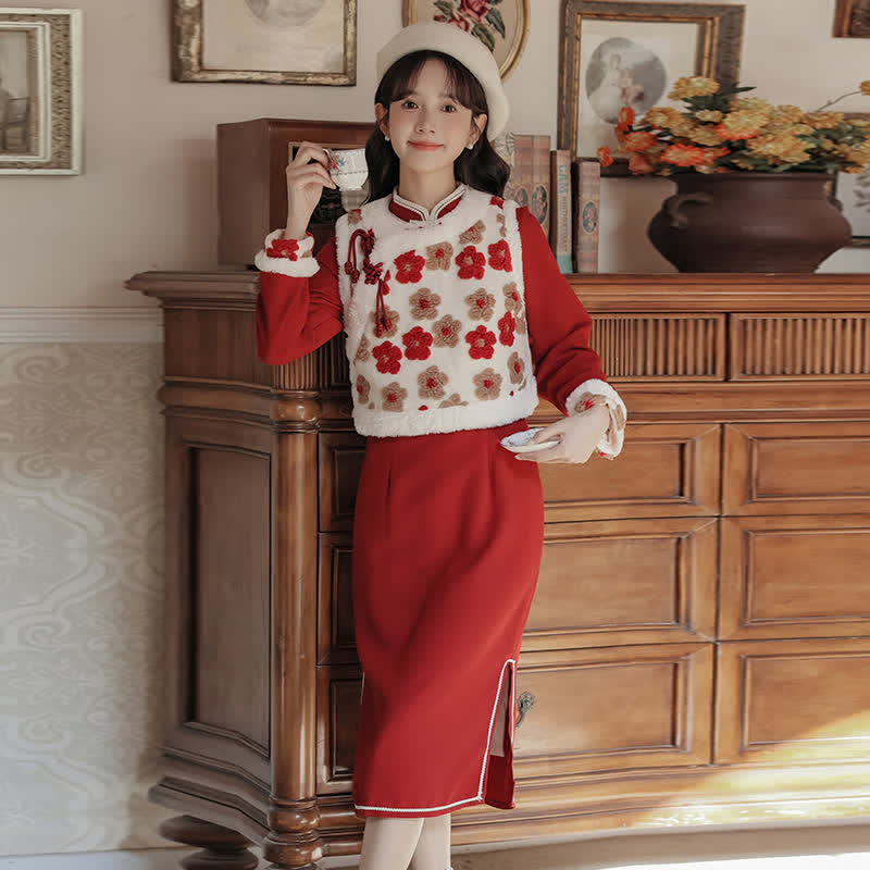 Robe Cheongsam à nœud et gilet à boucle à fleurs rouges