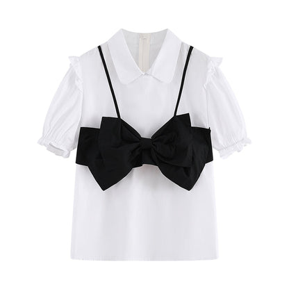 High Ruffled Set Bow T-Shirt Knot Skirt Waist