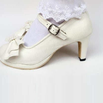 Ivory Pearl Bow Heels Classic Maid Shoes