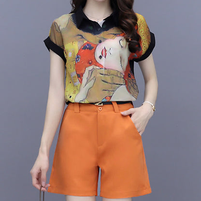 Chiffon Casual T-Shirt Face Print Girl Shorts