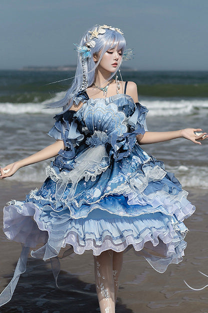 Gradient Printed Ruffled Embroidered Bow Lace Asymmetric Sweet Elegant Lolita JSK