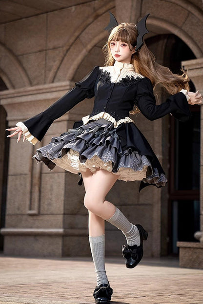 Black Eternal Night Feast Multi-Layer Ruffle Lace Gothic Princess Set