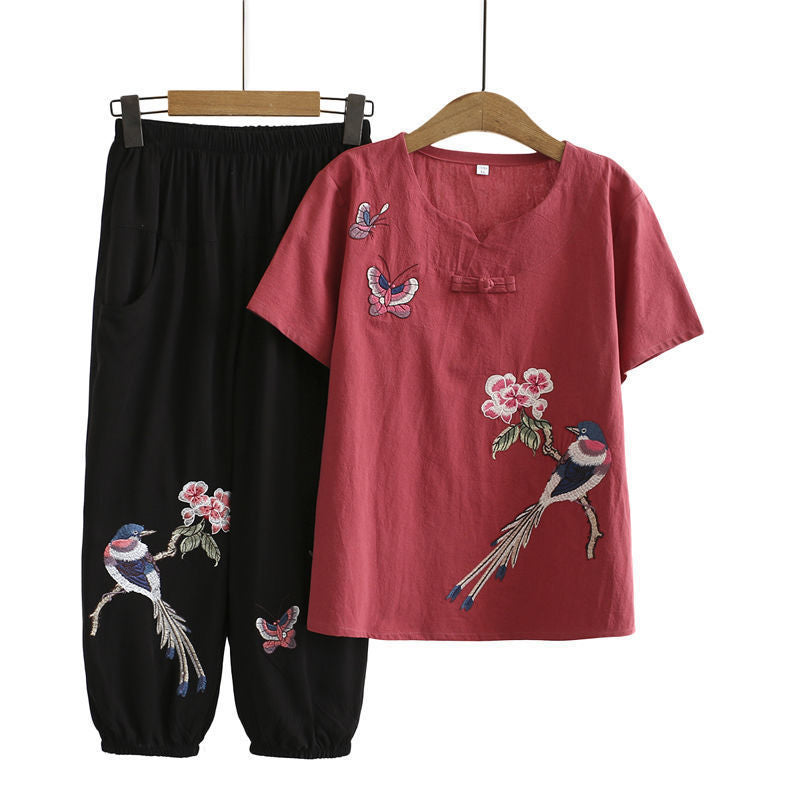 Ensemble t-shirt et pantalon avec boucle brodée d'oiseau vintage