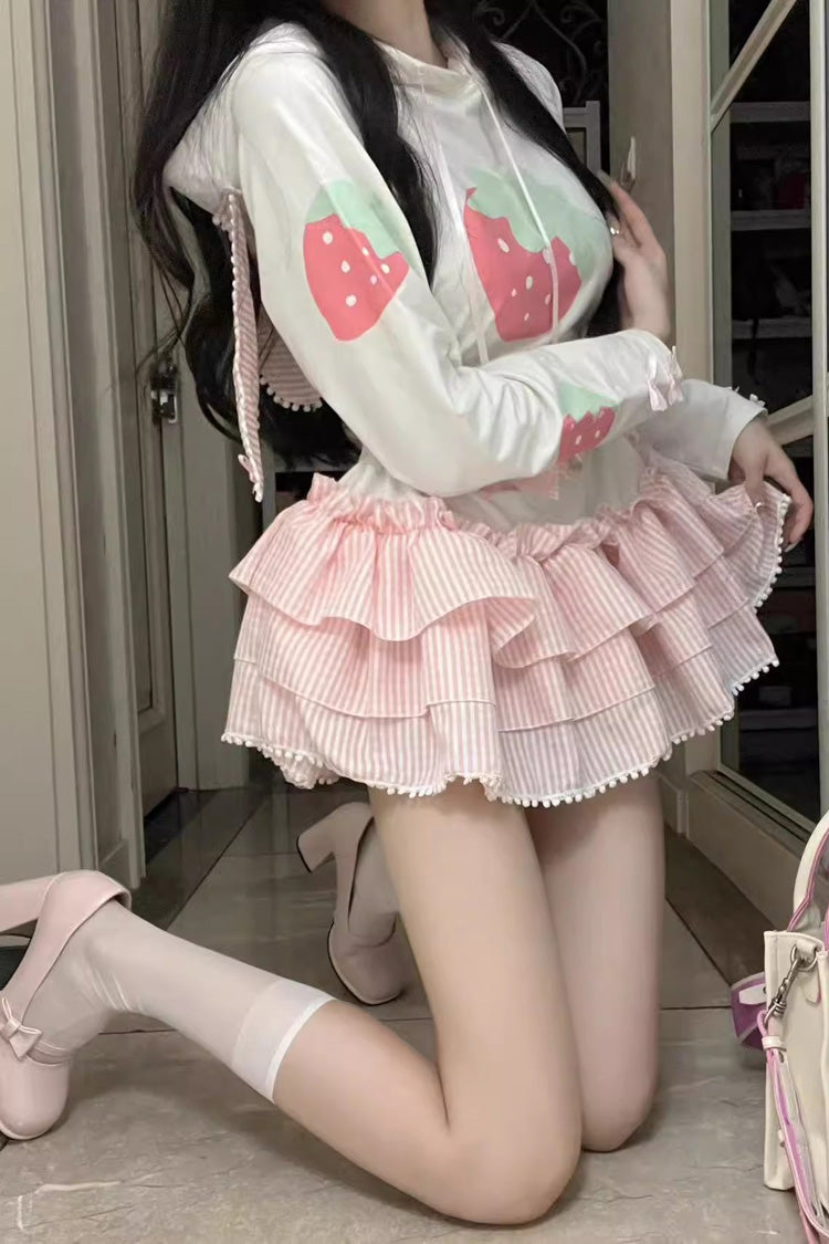 White/Pink Sweet Lolita Long-Sleeved Strawberry Print Hooded Dress
