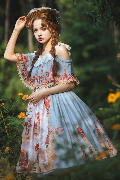 European Architecture Oil Painting Off-Shoulder Ribbon Lolita Dress