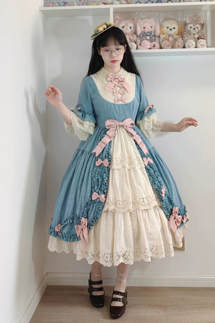 Lapel Short Trumpet Sleeve Ruffled Open Bow Lace Elegant Luxurious Lolita Dress