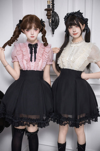 Puff-Sleeve Color-Blocked Faux Two-Piece Sweet Dress