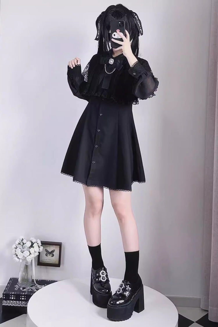 Black Shawl Lace Chiffon Slim Dress with Long Sleeves