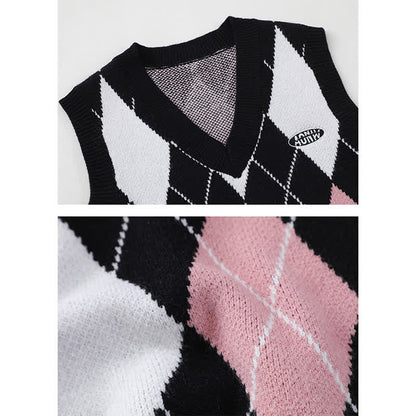 Skirt Pink Sleeve Pleated Rhombus Print Shirt Long Vest