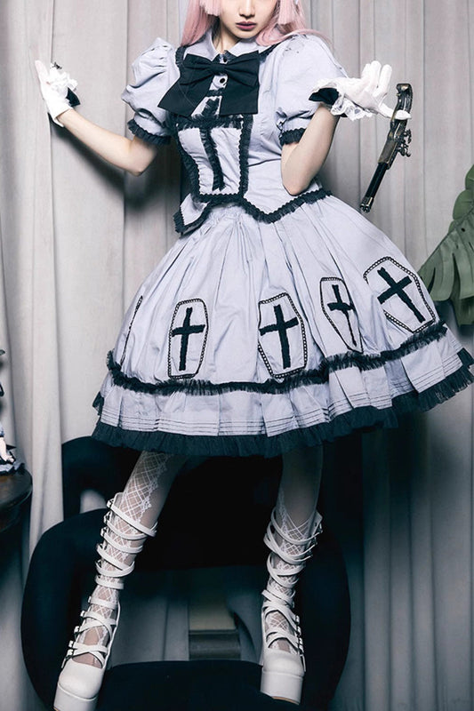 Grey Cross Short Puff Sleeves Two-Piece Gothic Lolita Dress